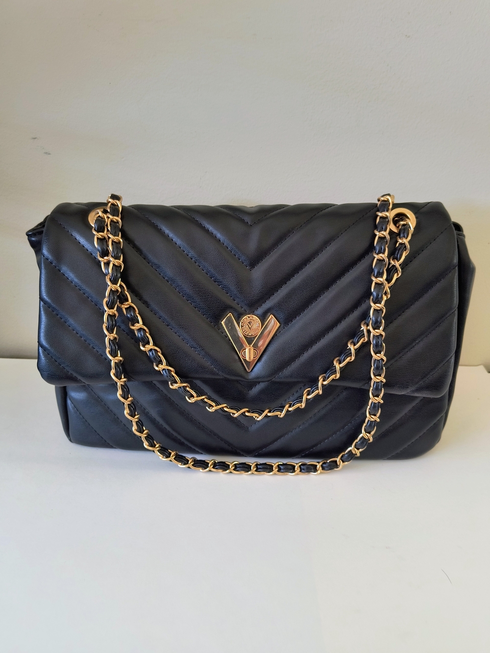 Valentino Orlandi Black Quilted Chevron Shoulder Bag with Gold Chain